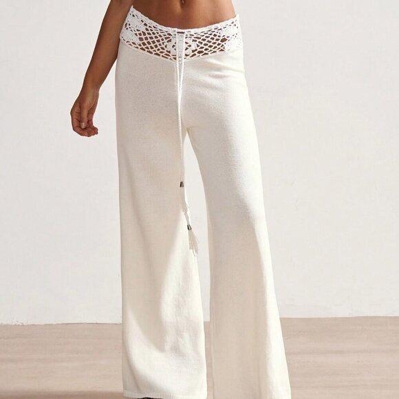 White Elegant Women's Boho Vacation Style Crocheted Waist Tie Knitted Pants - Picture 2 of 7